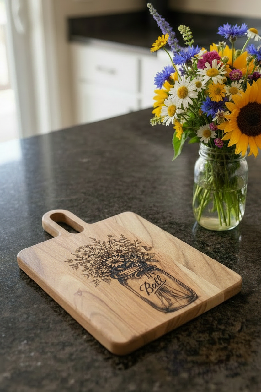 Ball Jar w/Flowers - Serving Board